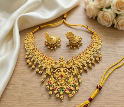Jewel City Gold Plated South Indian Temple Jewelry Set-Traditional Festive Necklace with Earrings-Bollywood Style Ethnic Set