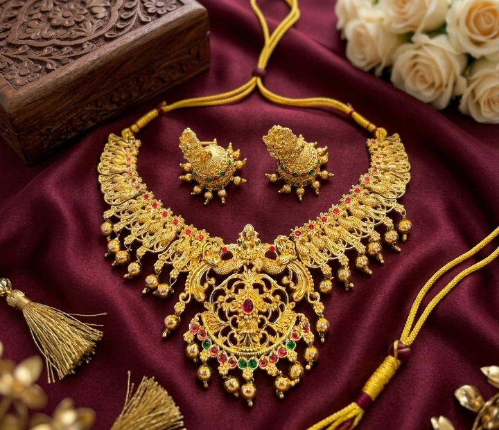 Jewel City Gold Plated South Indian Temple Jewelry Set-Traditional Festive Necklace with Earrings-Bollywood Style Ethnic Set