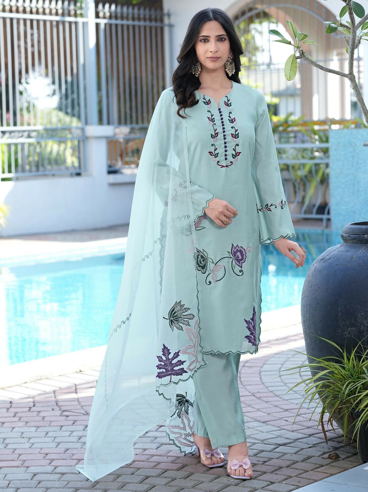 Nikhaar Sea Green Embroidered Art Silk Stitched Straight Cut Kurta Pants Dupatta Readymade Suit
