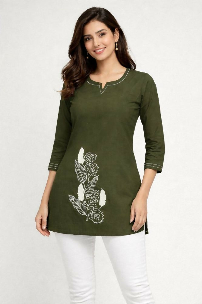 Teeya Creation Womens New Latest Cotton Mehendi Green Floral Embroidered Short Kurti