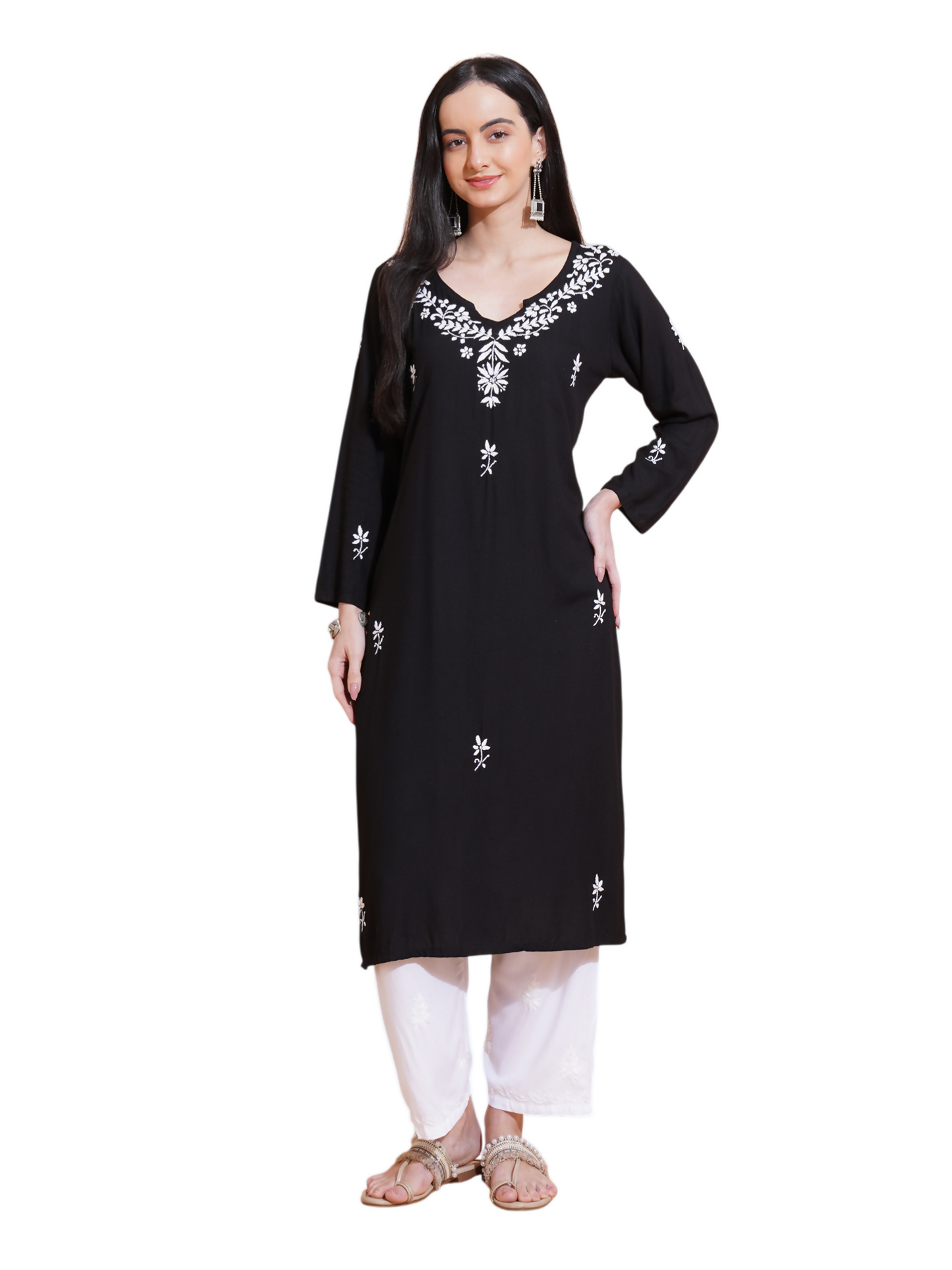 Pahnaz Luxury Rayon Chikankari Long Kurti-Black