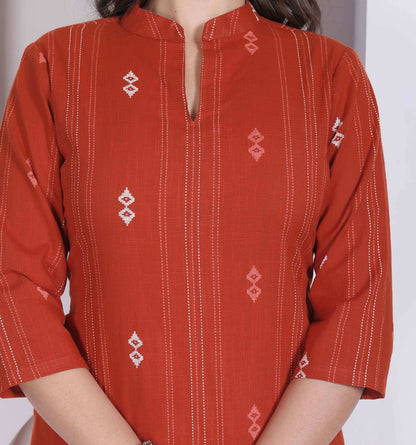 Miravan Womens Rust Color Abstract Printed Cotton Kurta With Palazzo