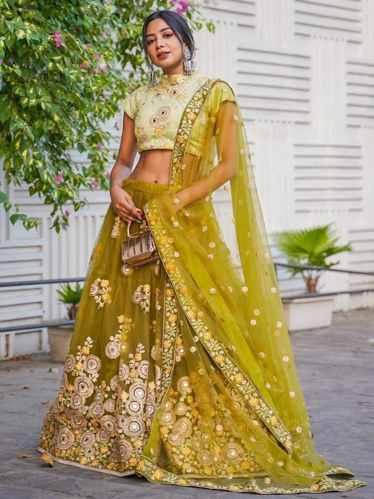 Tulsi Art Ravishing Green Mirror Embroidered Net Reception Wear Lehenga Choli