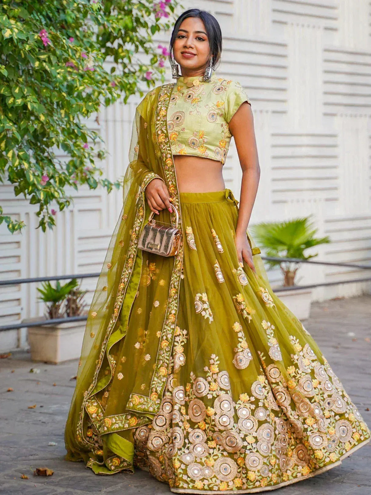 Tulsi Art Ravishing Green Mirror Embroidered Net Reception Wear Lehenga Choli