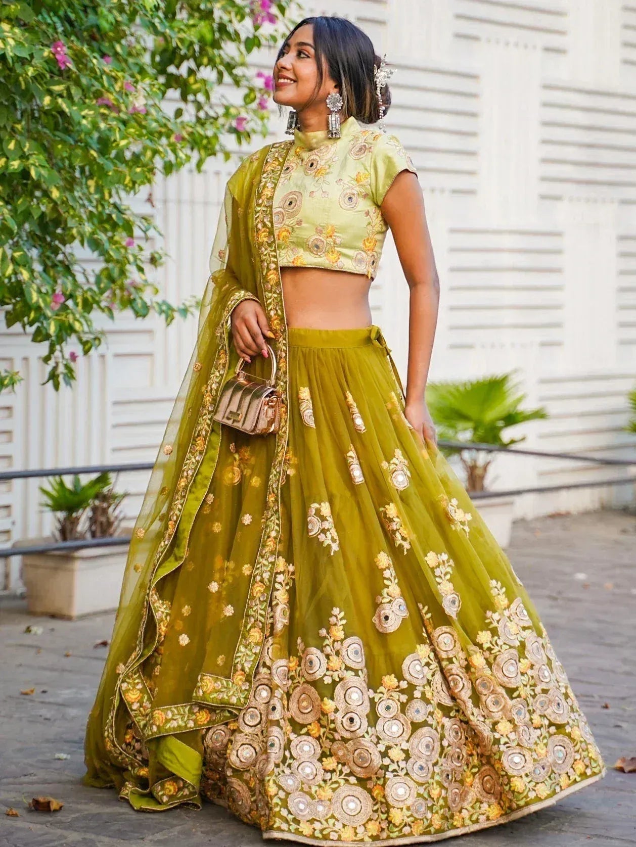 Tulsi Art Ravishing Green Mirror Embroidered Net Reception Wear Lehenga Choli