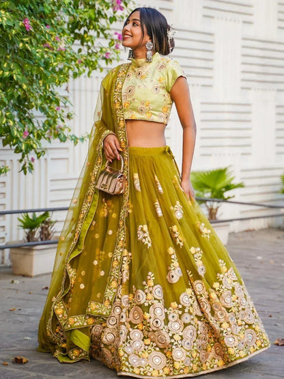 Tulsi Art Ravishing Green Mirror Embroidered Net Reception Wear Lehenga Choli