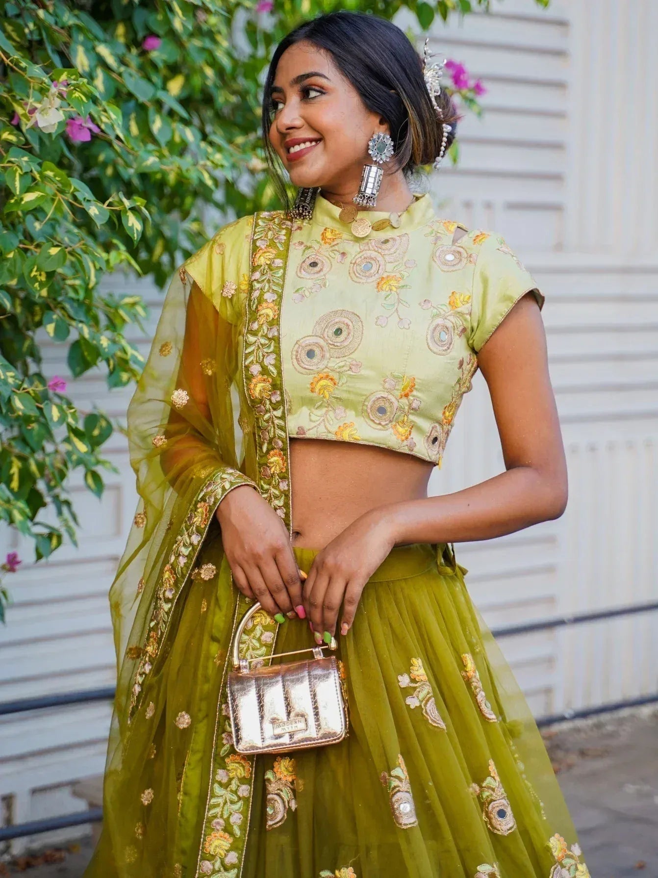 Tulsi Art Ravishing Green Mirror Embroidered Net Reception Wear Lehenga Choli