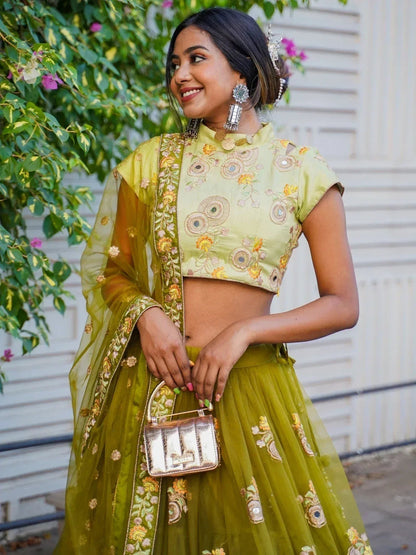 Tulsi Art Ravishing Green Mirror Embroidered Net Reception Wear Lehenga Choli