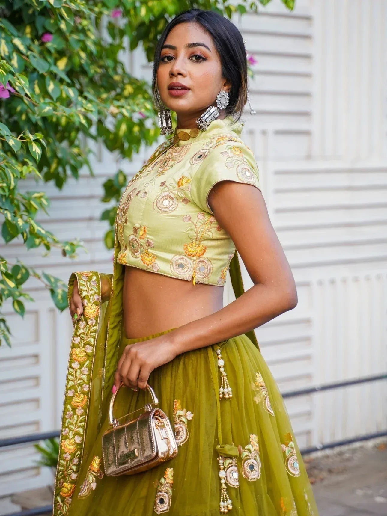 Tulsi Art Ravishing Green Mirror Embroidered Net Reception Wear Lehenga Choli