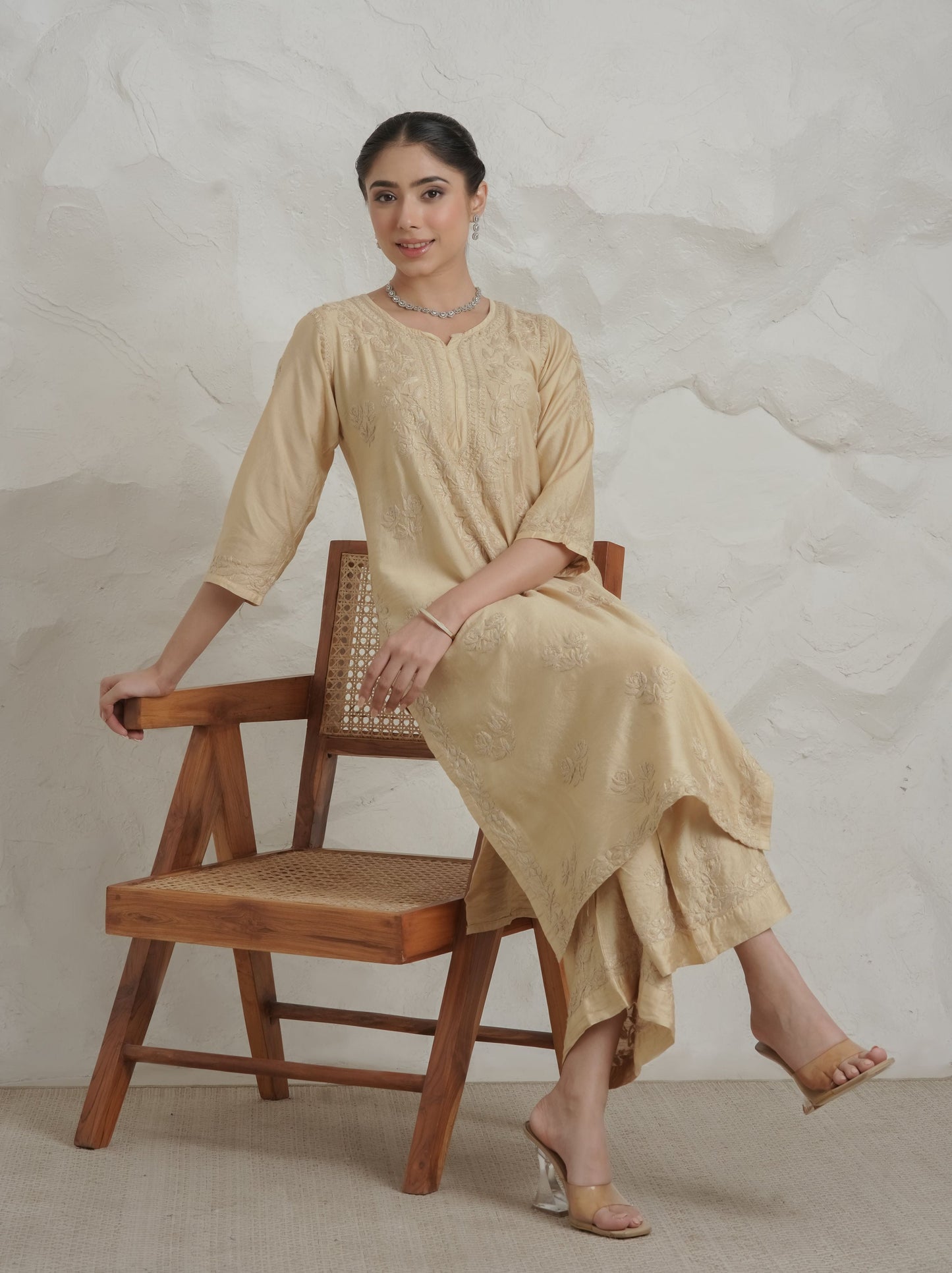 Gharana India Chanderi Beige Kurta Set With Embroidered Palazzo