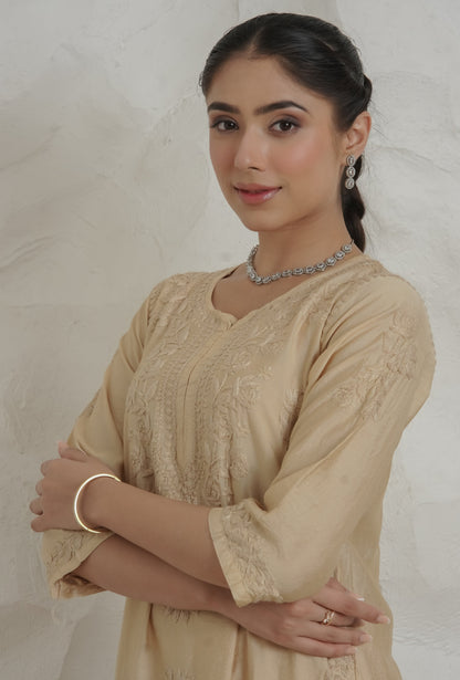 Gharana India Chanderi Beige Kurta Set With Embroidered Palazzo