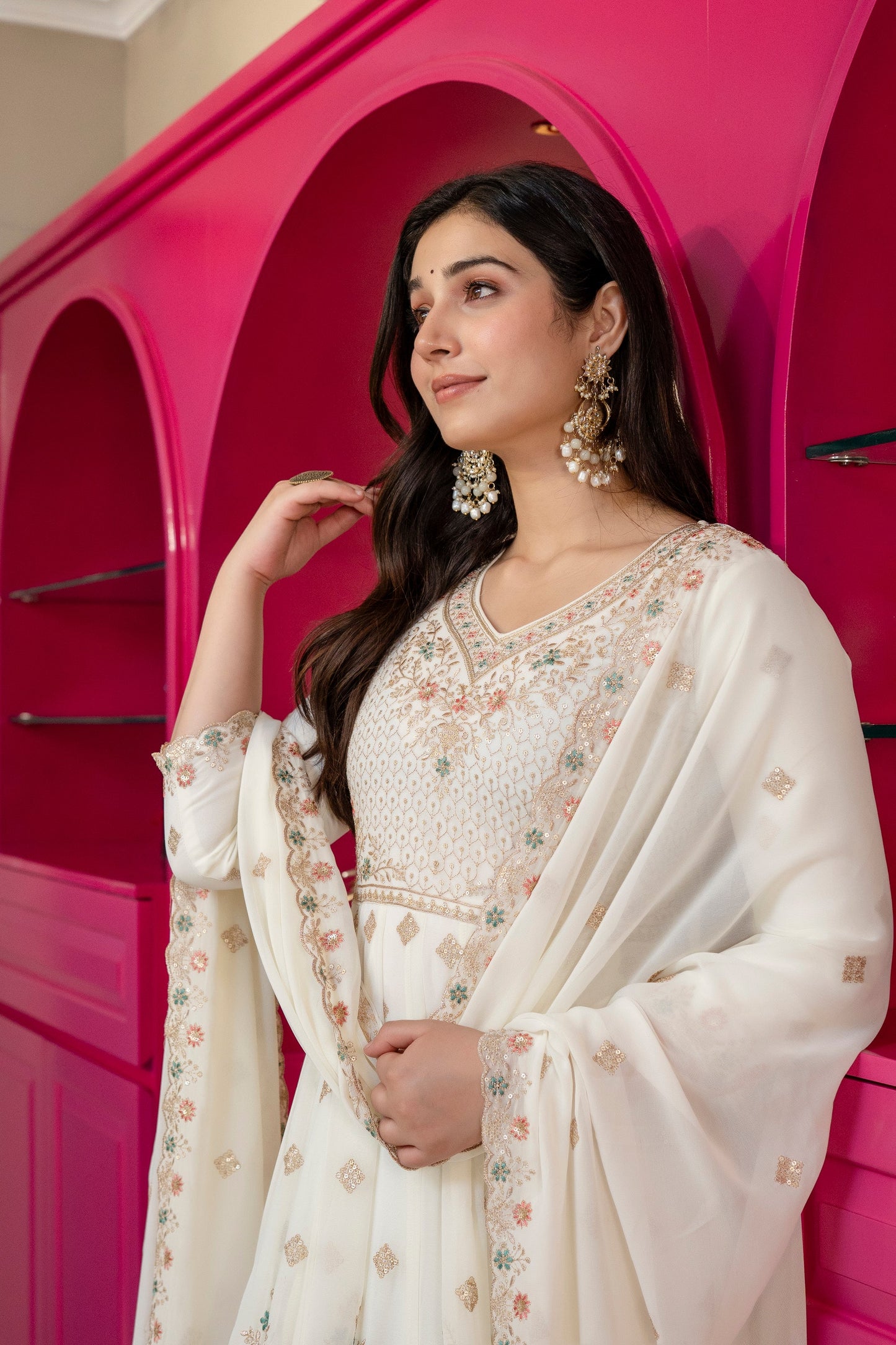 Yash Enterprise Off White Georgette Party Wear Anarkali Suit Set