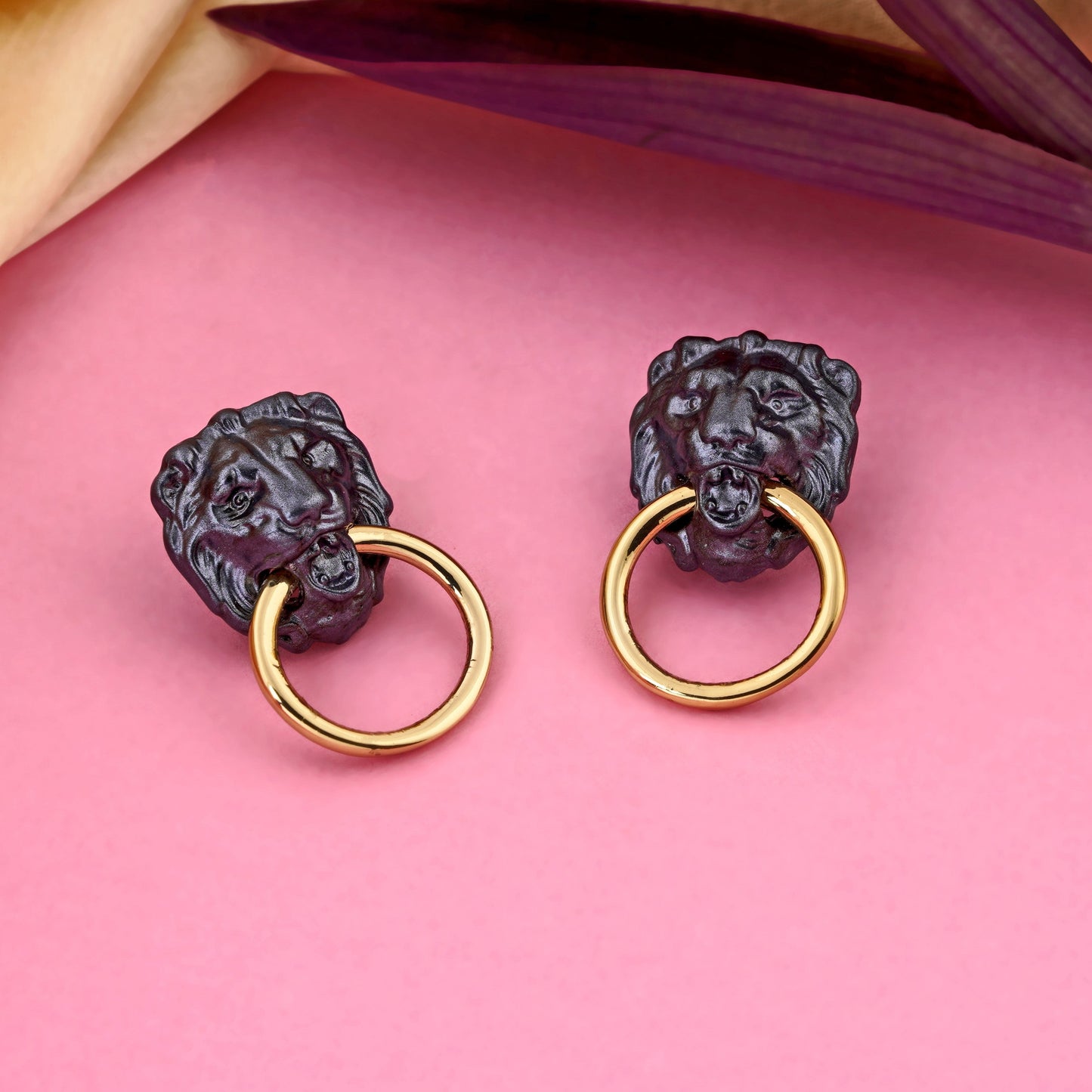 Estele Gold Plated Designer Black Lion head with gold ring Stud Earrings For Women