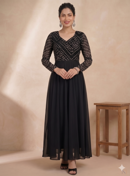Teeya Creation Women's Black Bandhani Print Anarkali Gown