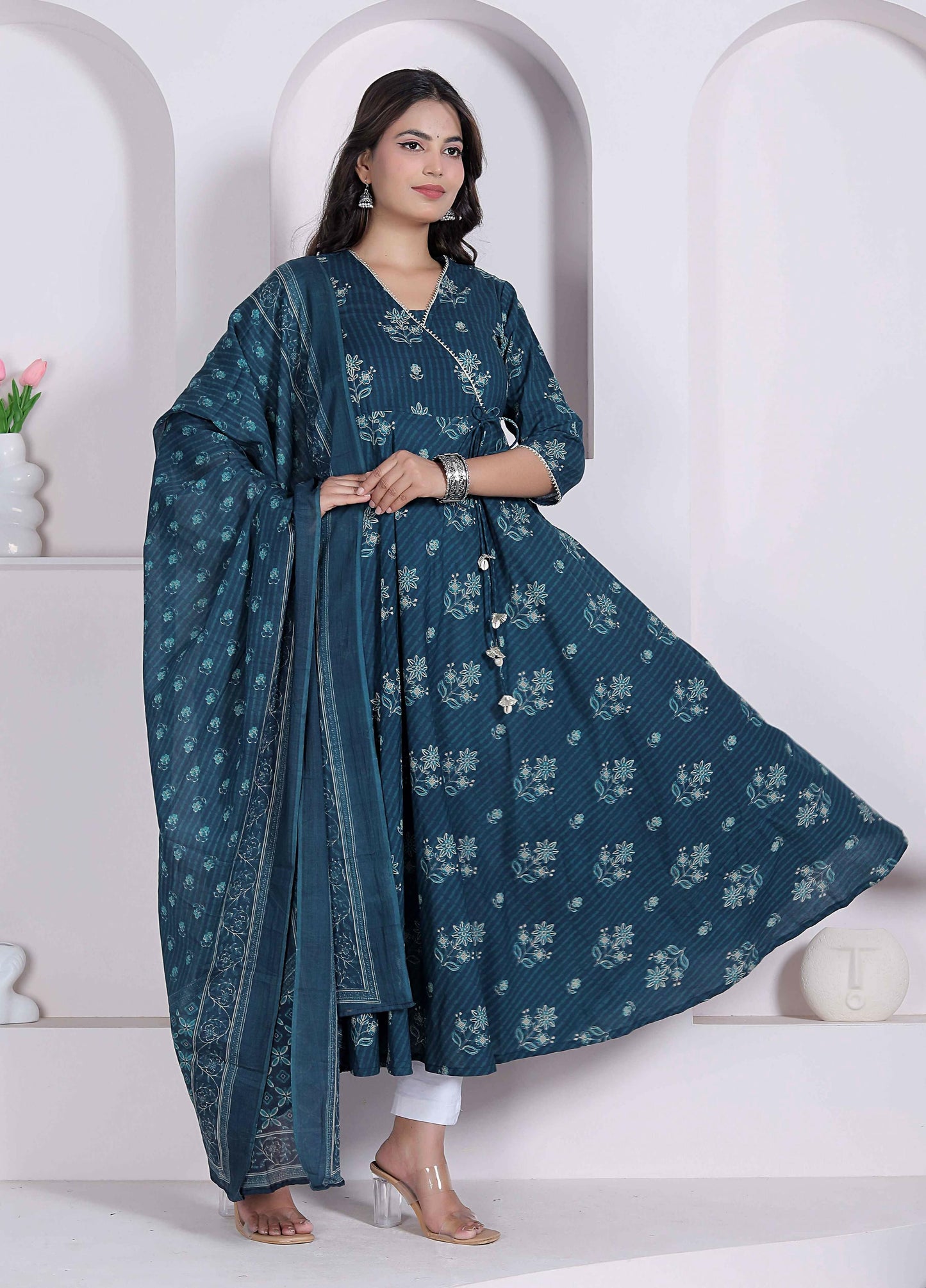 Miravan Womens Blue Floral Printed Angrakha Kurta With Dupatta