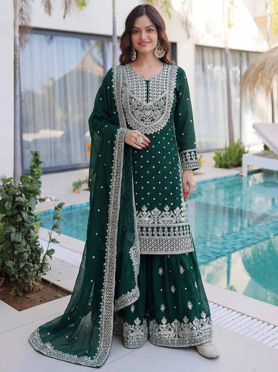 Lehenga Mart Designer Sharara Suit With Kurta Sharara Dupatta For Women-Dark Green