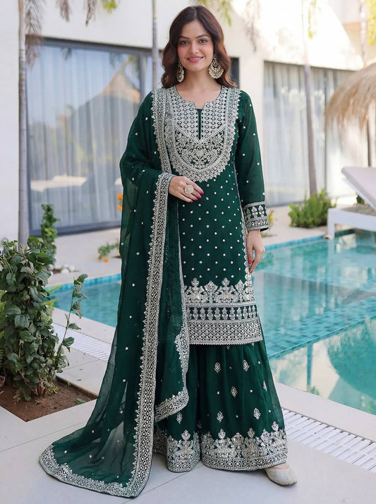 Lehenga Mart Designer Sharara Suit With Kurta Sharara Dupatta For Women-Dark Green