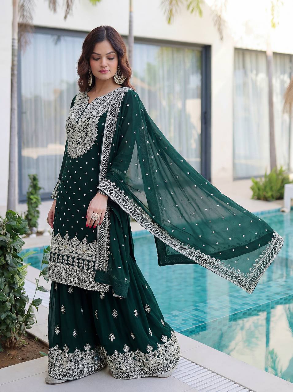 Lehenga Mart Designer Sharara Suit With Kurta Sharara Dupatta For Women-Dark Green
