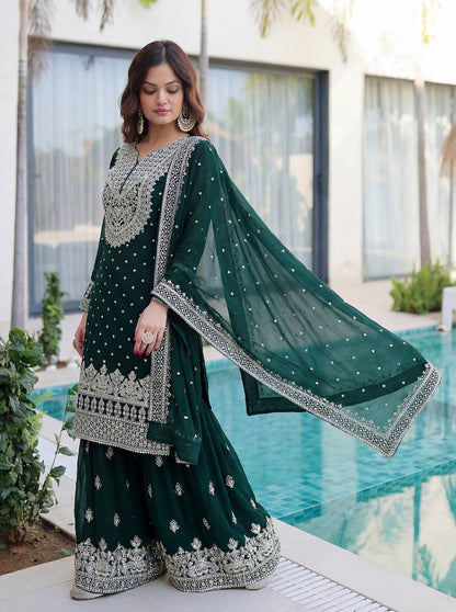 Lehenga Mart Designer Sharara Suit With Kurta Sharara Dupatta For Women-Dark Green