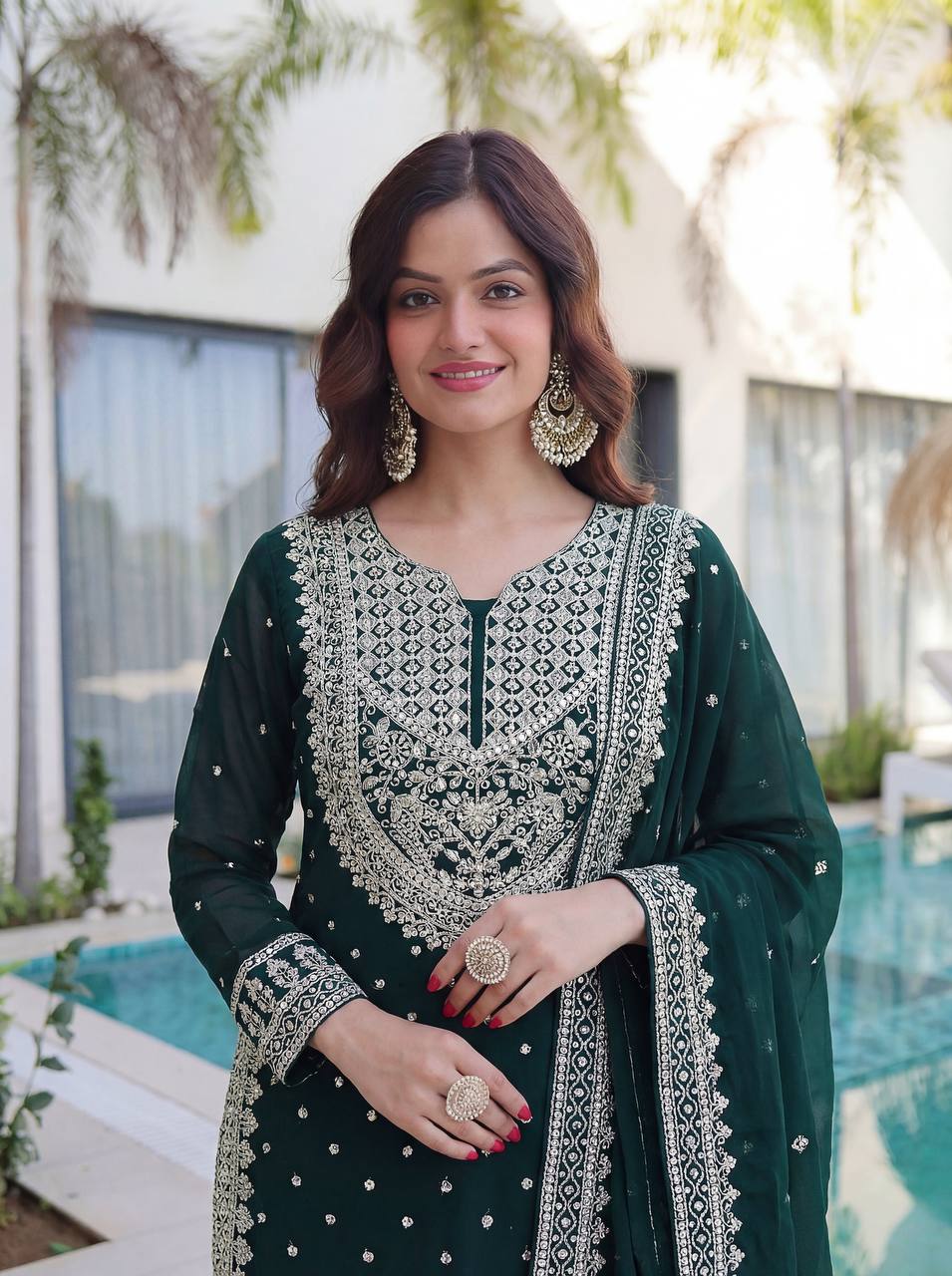 Lehenga Mart Designer Sharara Suit With Kurta Sharara Dupatta For Women-Dark Green