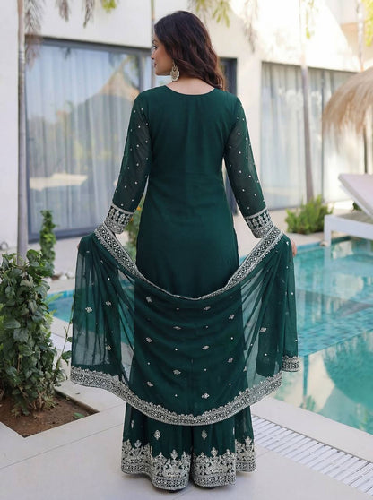Lehenga Mart Designer Sharara Suit With Kurta Sharara Dupatta For Women-Dark Green