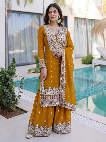 Lehenga Mart Designer Sharara Suit With Kurta Sharara Dupatta For Women-Mustard
