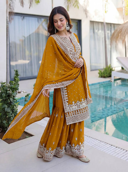 Lehenga Mart Designer Sharara Suit With Kurta Sharara Dupatta For Women-Mustard