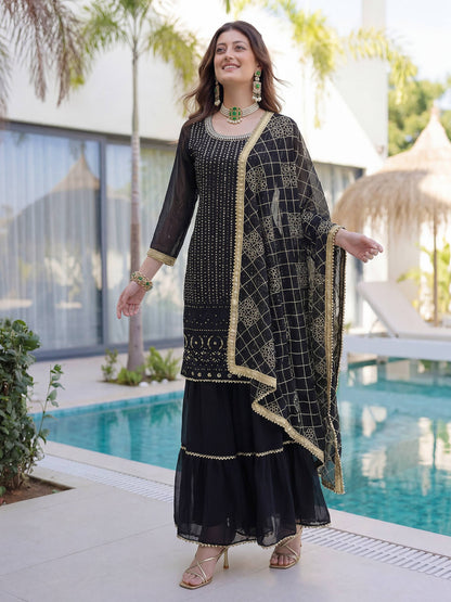 Lehenga Mart Designer Sharara Suit With Kurta Sharara Dupatta For Women-Black