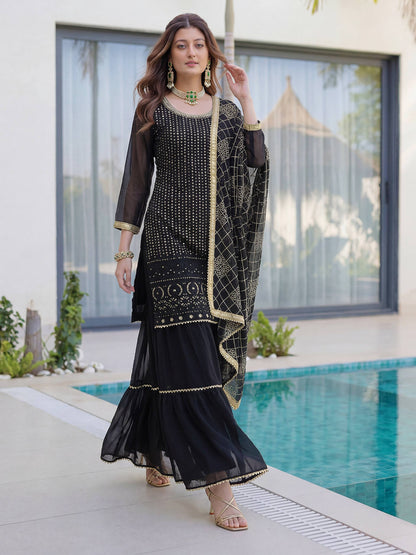 Lehenga Mart Designer Sharara Suit With Kurta Sharara Dupatta For Women-Black