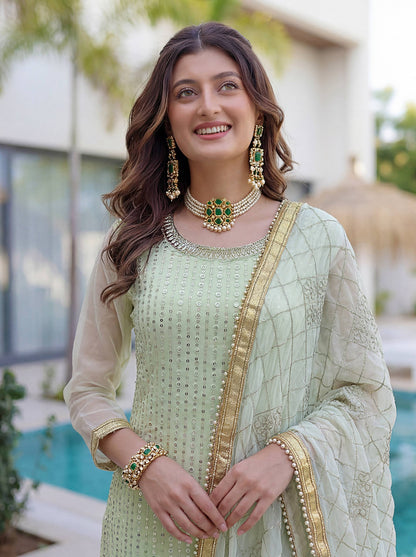 Lehenga Mart Designer Sharara Suit With Kurta Sharara Dupatta For Women-Pista