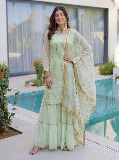 Lehenga Mart Designer Sharara Suit With Kurta Sharara Dupatta For Women-Pista