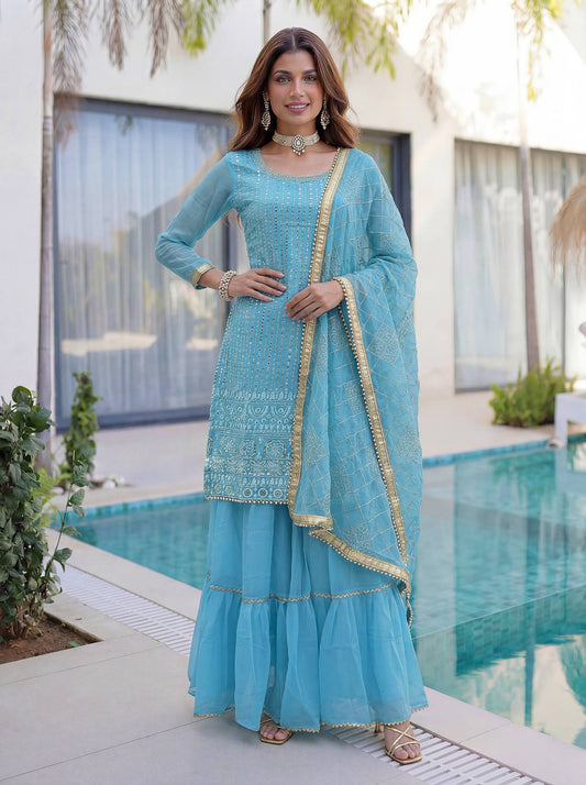 Lehenga Mart Designer Sharara Suit With Kurta Sharara Dupatta For Women-Sky Blue