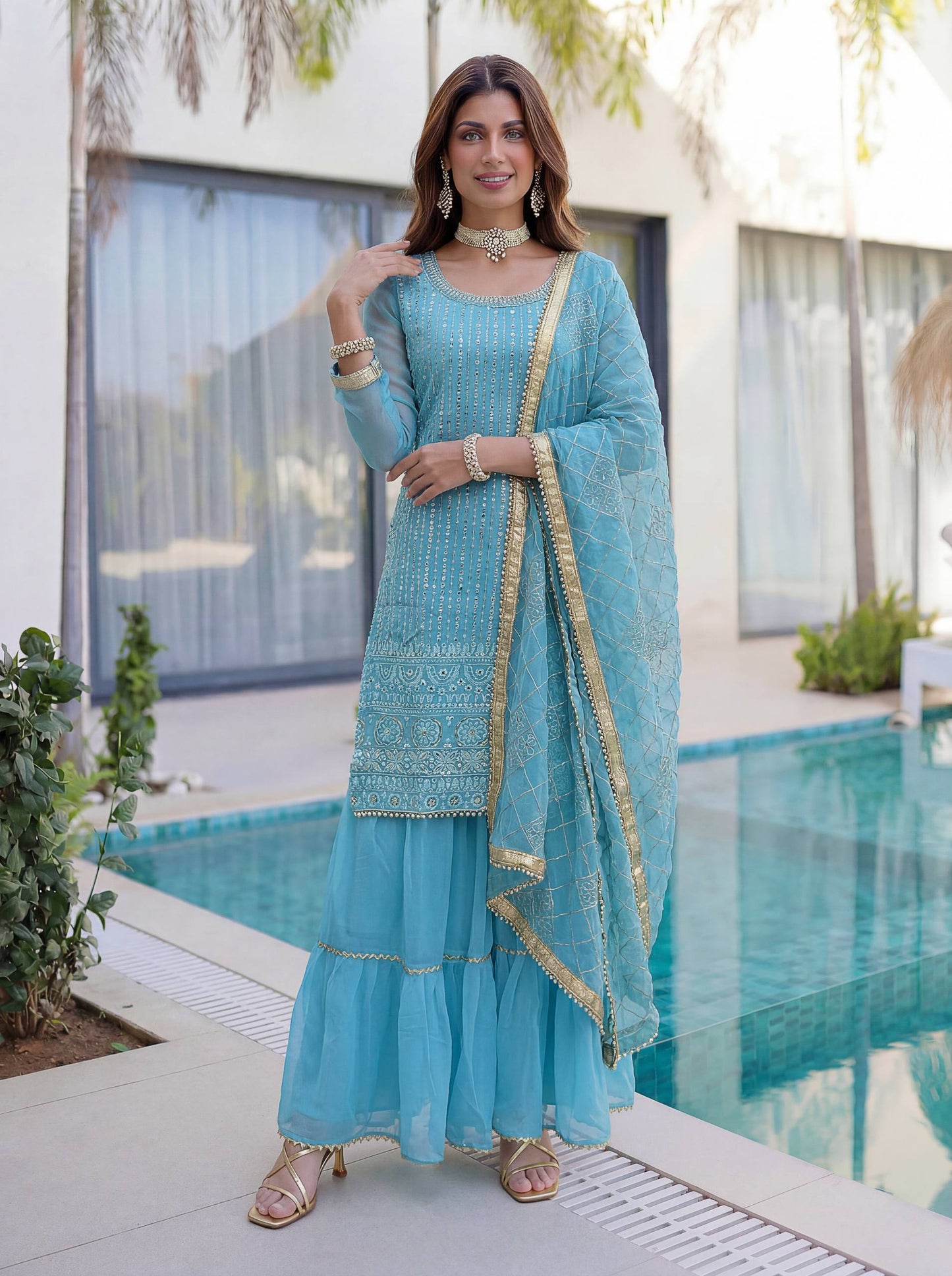 Lehenga Mart Designer Sharara Suit With Kurta Sharara Dupatta For Women-Sky Blue