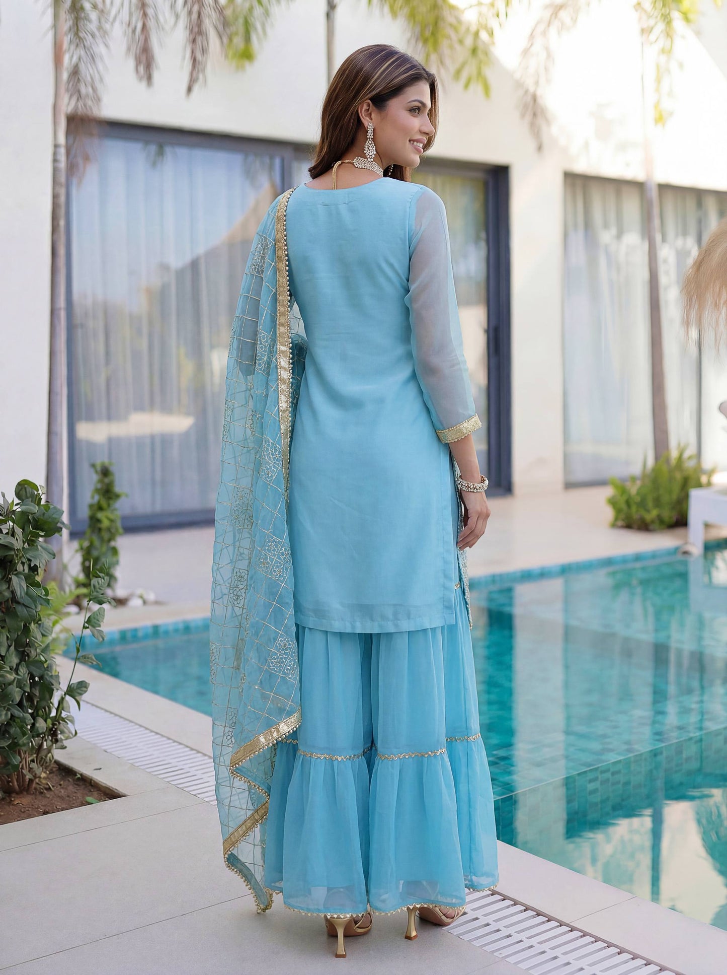 Lehenga Mart Designer Sharara Suit With Kurta Sharara Dupatta For Women-Sky Blue