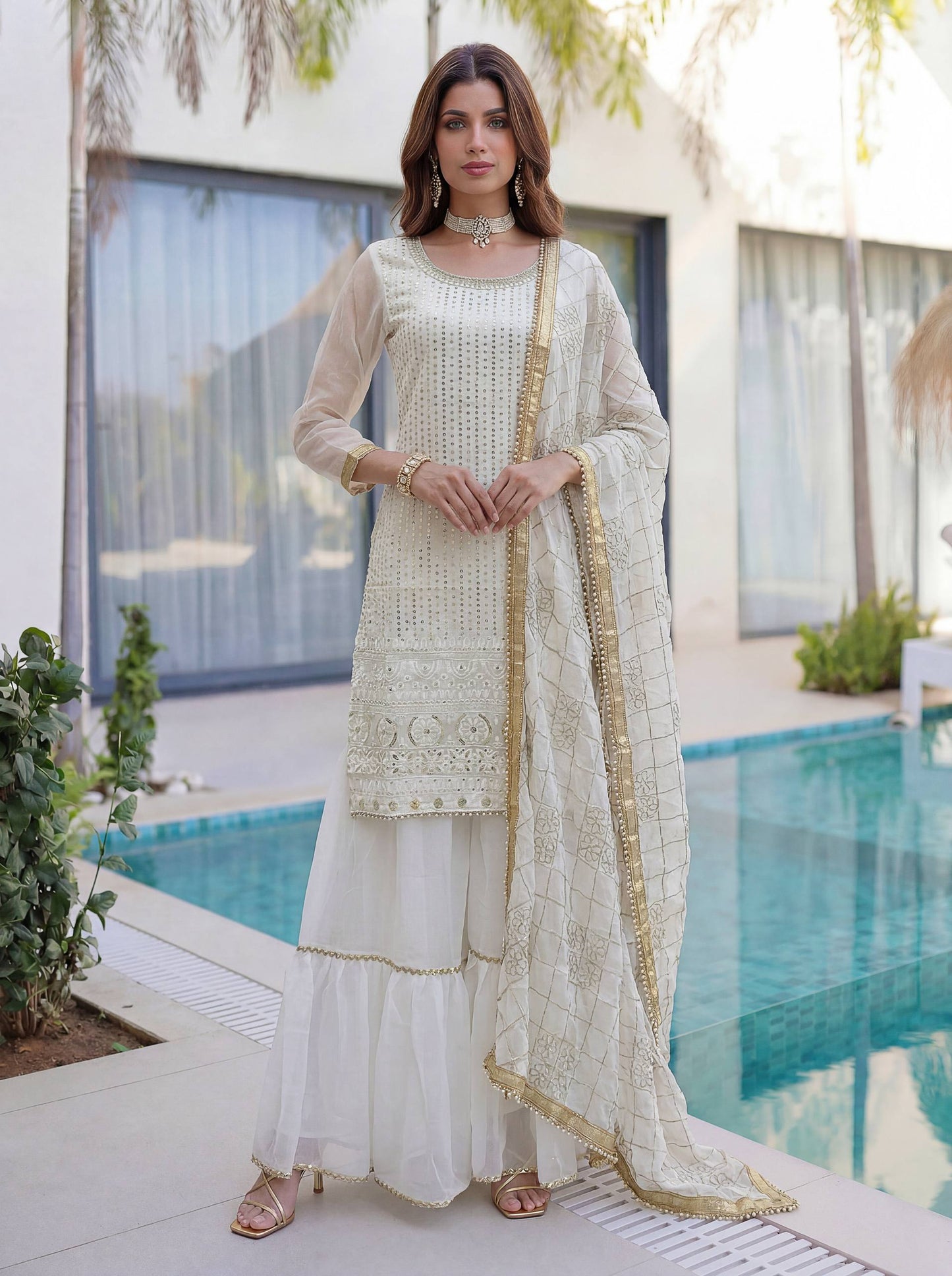 Lehenga Mart Designer Sharara Suit With Kurta Sharara Dupatta For Women-White