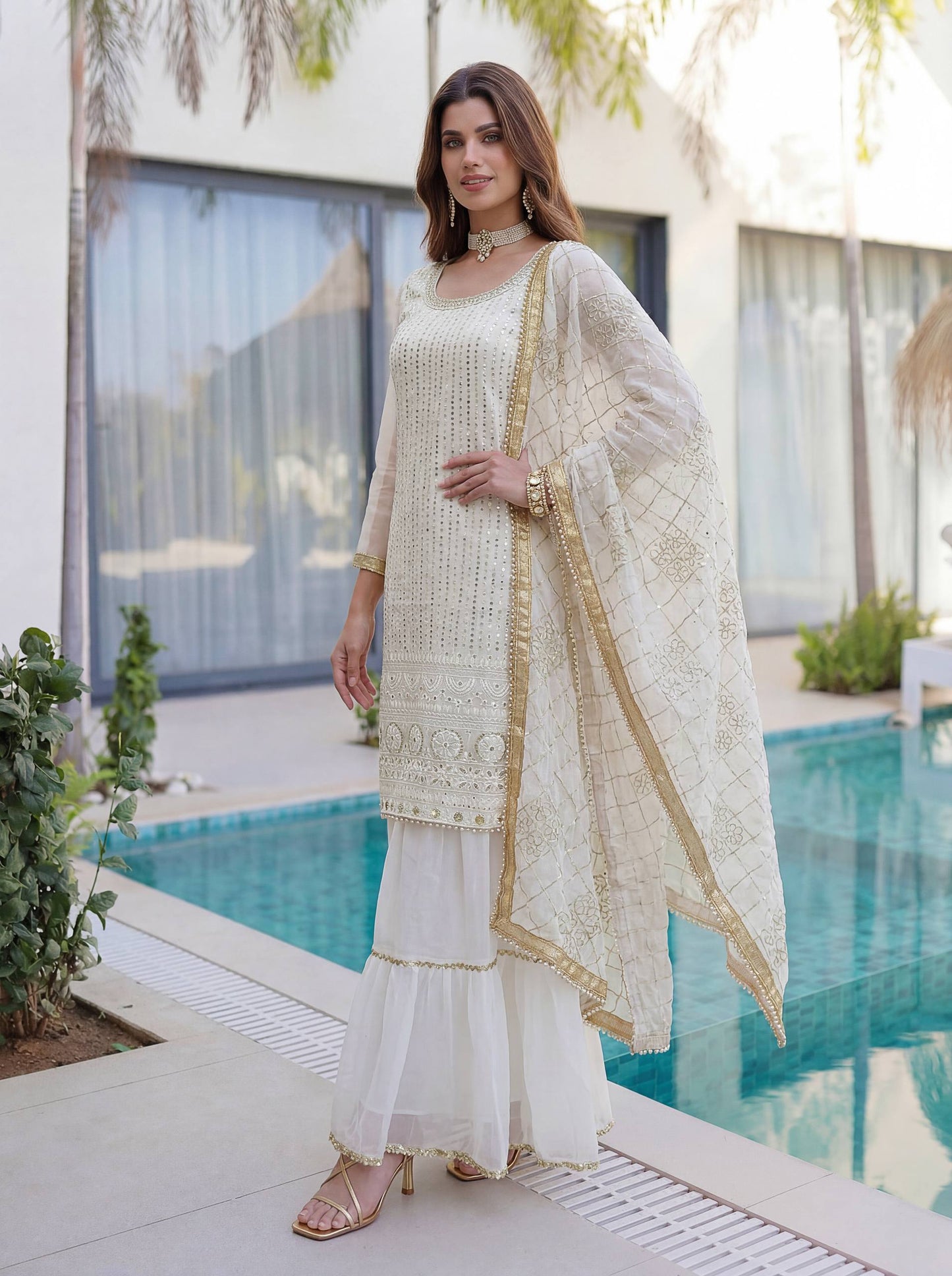 Lehenga Mart Designer Sharara Suit With Kurta Sharara Dupatta For Women-White
