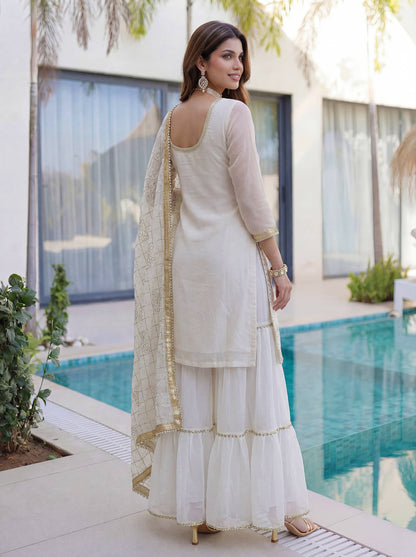 Lehenga Mart Designer Sharara Suit With Kurta Sharara Dupatta For Women-White