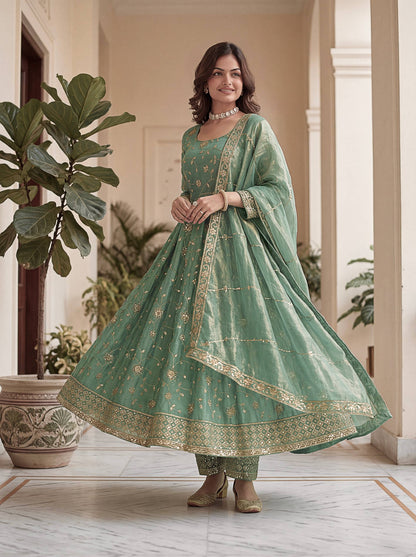 Lehenga Mart Designer Anarkali Suit With Kurta Pant Dupatta For Women-Sage Green