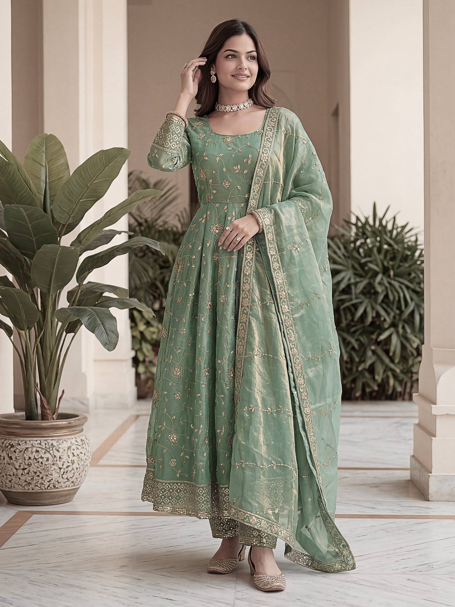 Lehenga Mart Designer Anarkali Suit With Kurta Pant Dupatta For Women-Sage Green