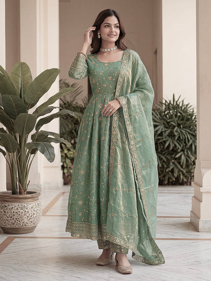 Lehenga Mart Designer Anarkali Suit With Kurta Pant Dupatta For Women-Sage Green