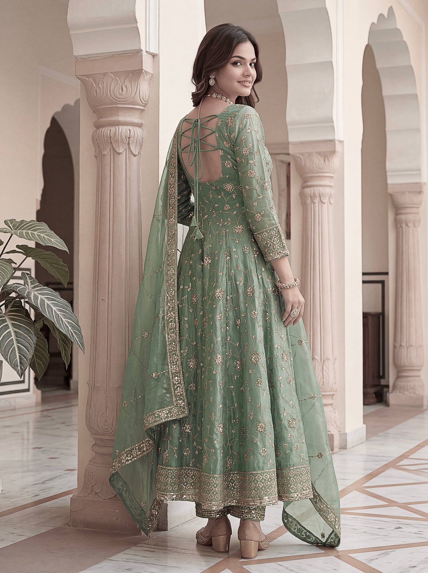 Lehenga Mart Designer Anarkali Suit With Kurta Pant Dupatta For Women-Sage Green