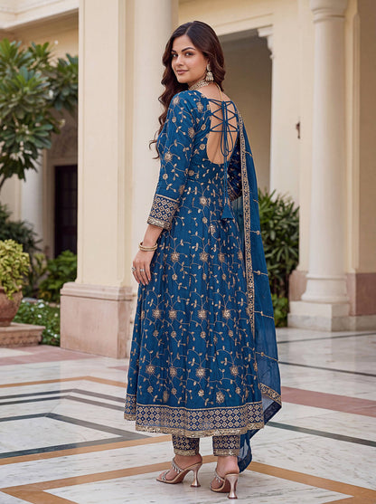 Lehenga Mart Designer Anarkali Suit With Kurta Pant Dupatta For Women-Teal Blue