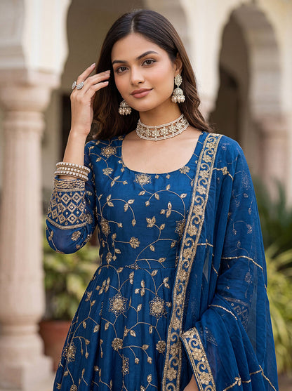 Lehenga Mart Designer Anarkali Suit With Kurta Pant Dupatta For Women-Teal Blue
