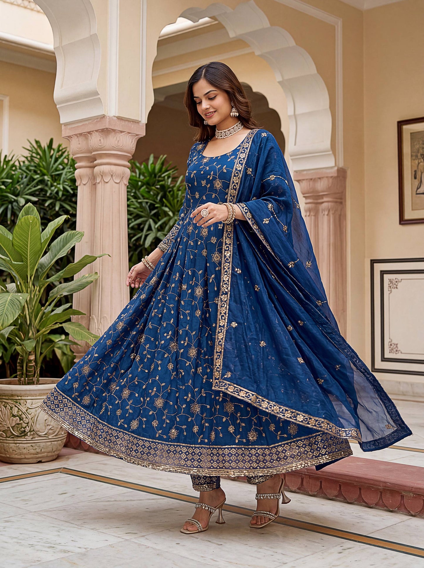 Lehenga Mart Designer Anarkali Suit With Kurta Pant Dupatta For Women-Teal Blue