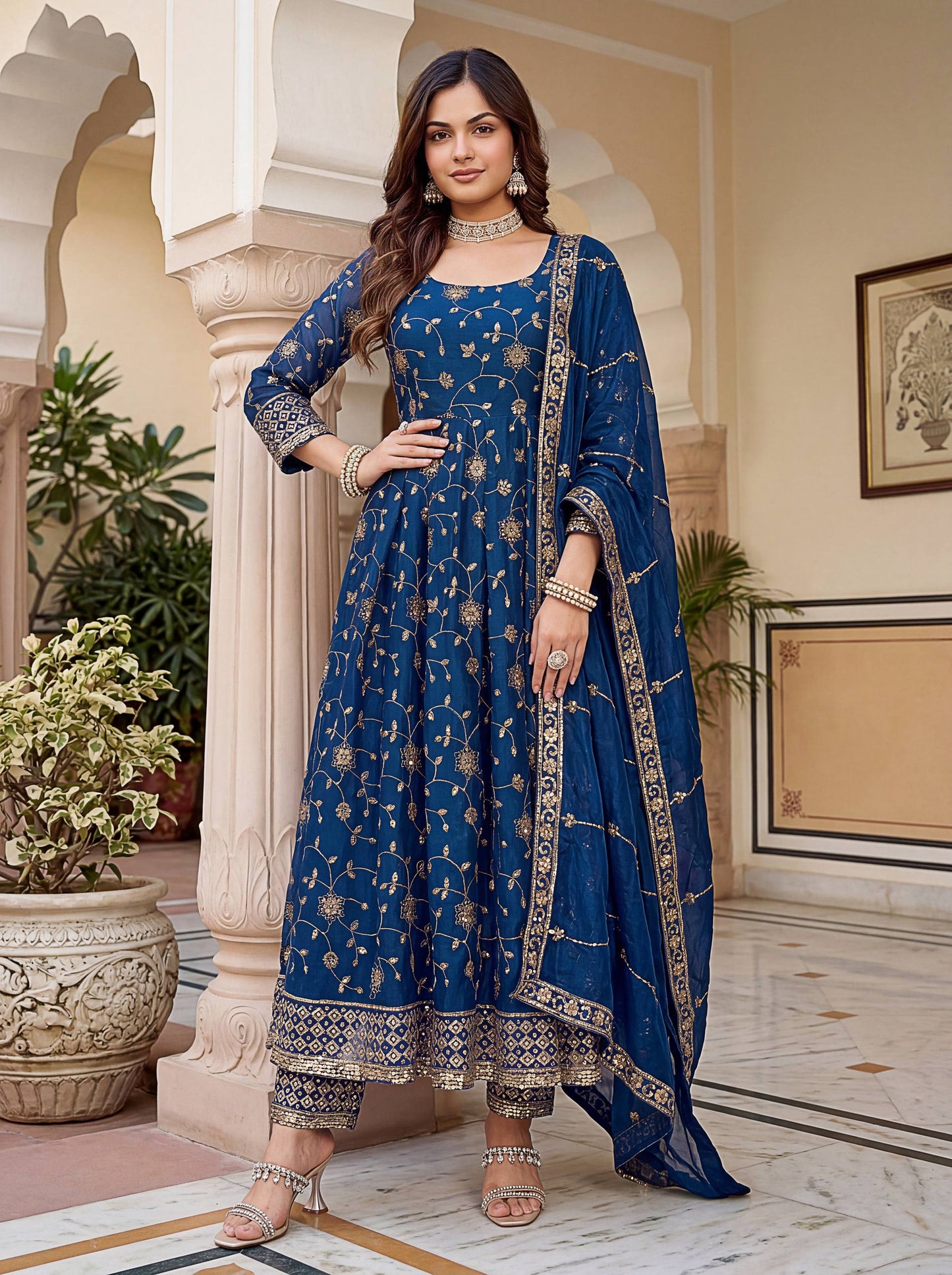 Lehenga Mart Designer Anarkali Suit With Kurta Pant Dupatta For Women-Teal Blue