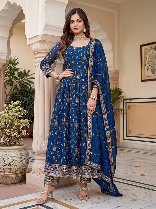 Lehenga Mart Designer Anarkali Suit With Kurta Pant Dupatta For Women-Teal Blue