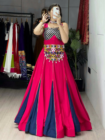 Yash Enterprise Gajari Navy Blue Rayon Cotton Embroidery Semi Stitched Navratri Top Chaniya Choli