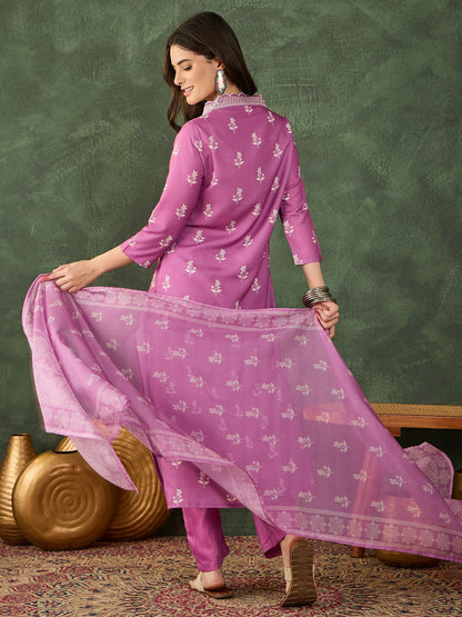 The52 Women's Gorgeous Rayon Fabric Printed Work Straight Kurta Pant and Dupatta Set-Onion