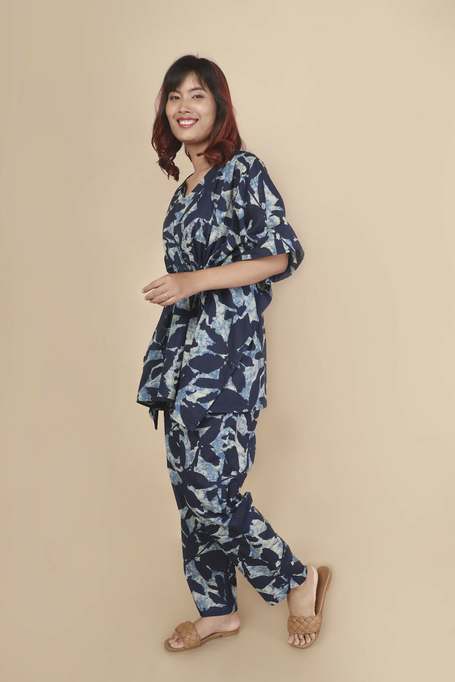 Breathables WomenS Loungewear Kaftan Cotton Blue Floral Print Co-Ord Set