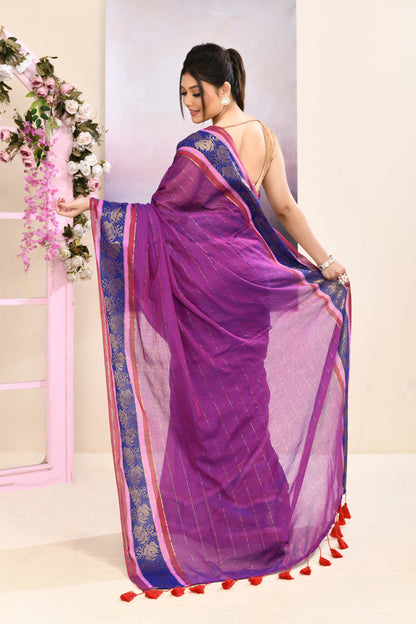 Piyari Fashion Women's Purple Embellished Zari Border Cotton Saree